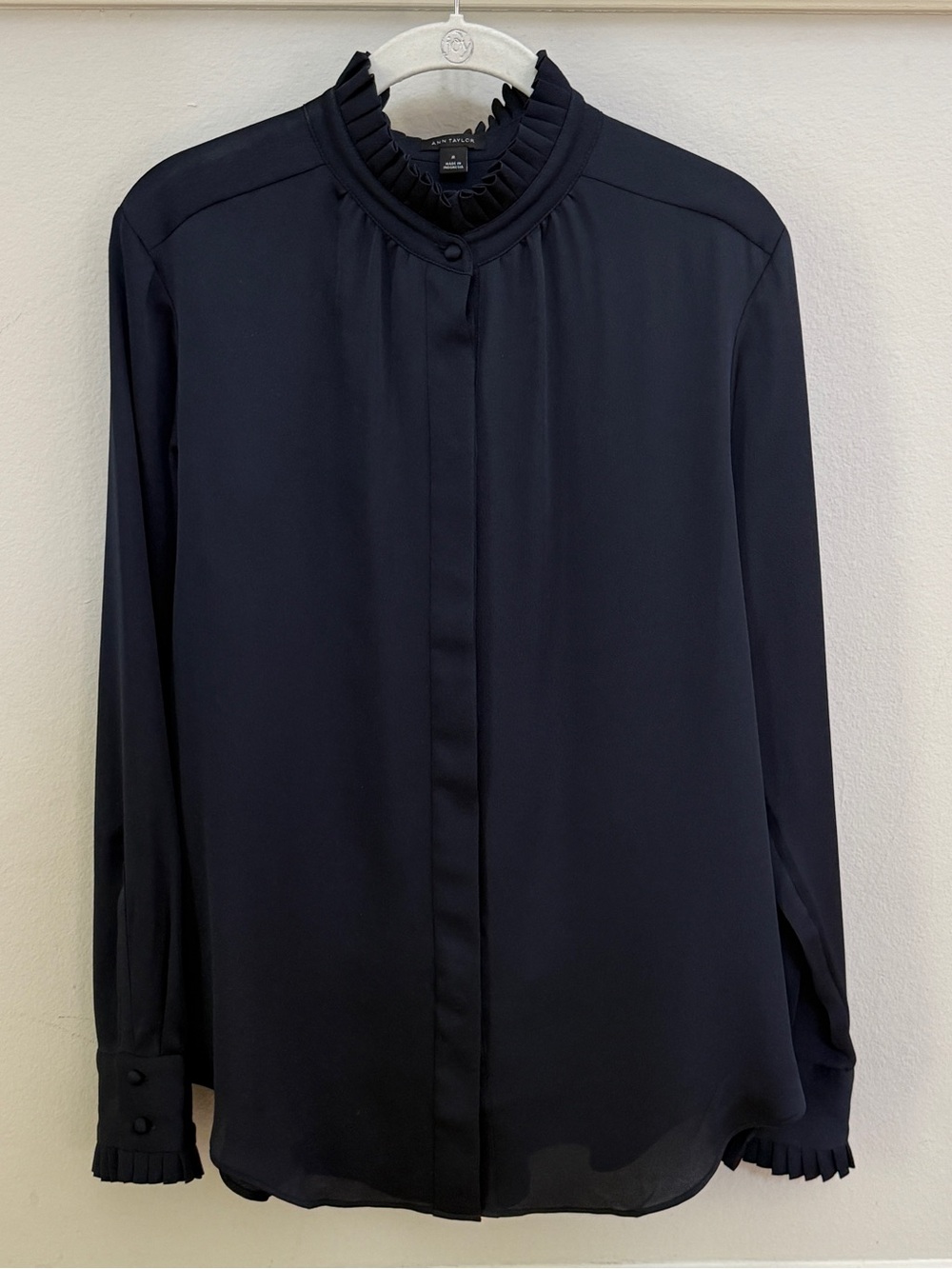 Ann Taylor Navy Ruffled  Collar Blouse